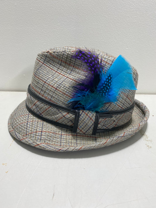 Vintage Plaid Fedora Hat w/ feathers 6 7/8
