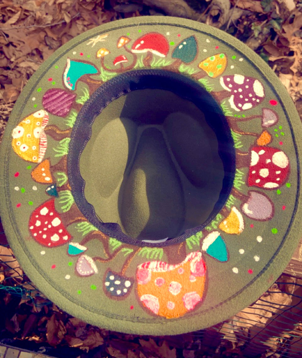 “Living Nature” Custom Painted Mushroom Green Felt Hat