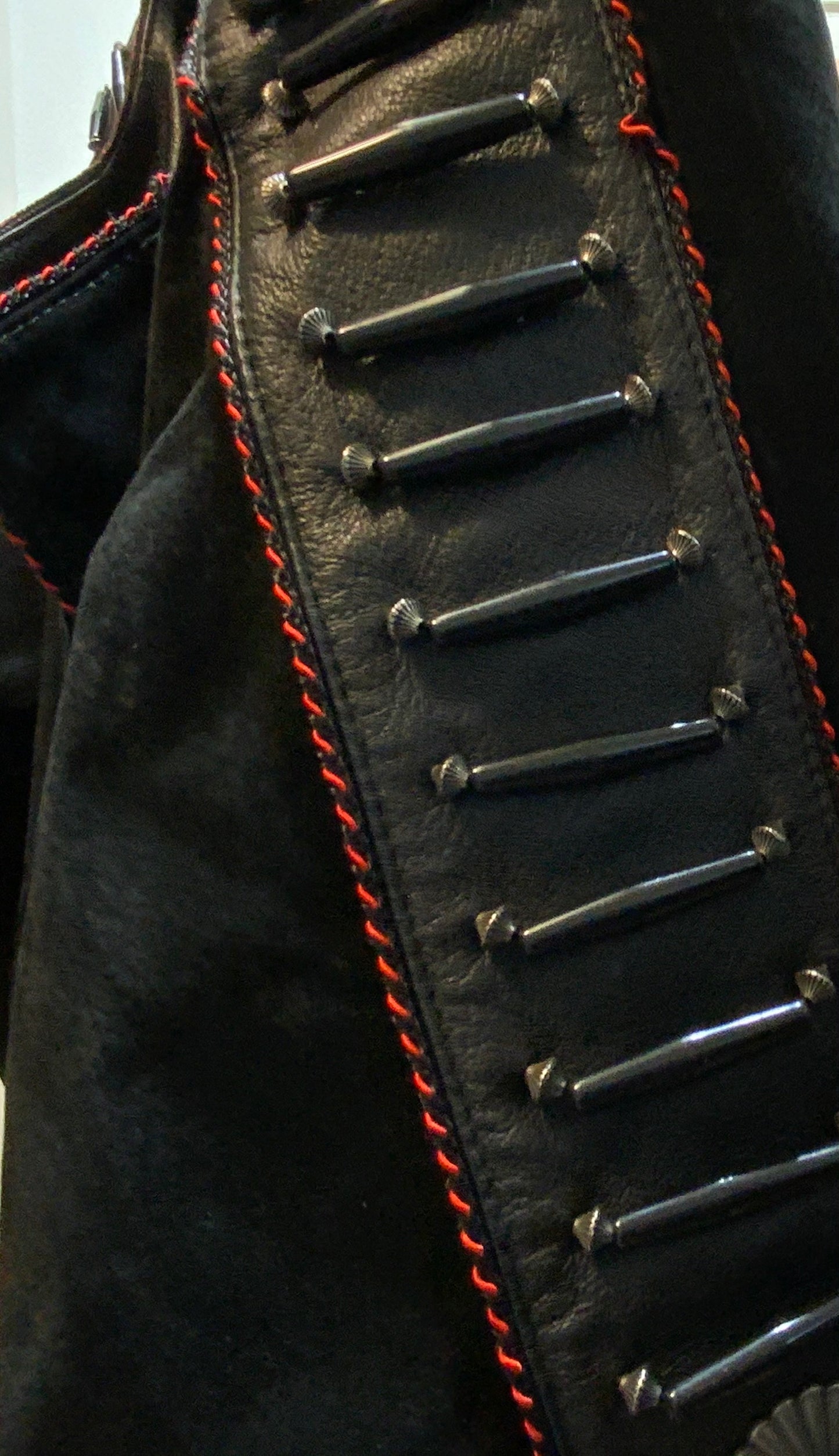 Long Vintage Black Leather Coat w/ Beaded Design