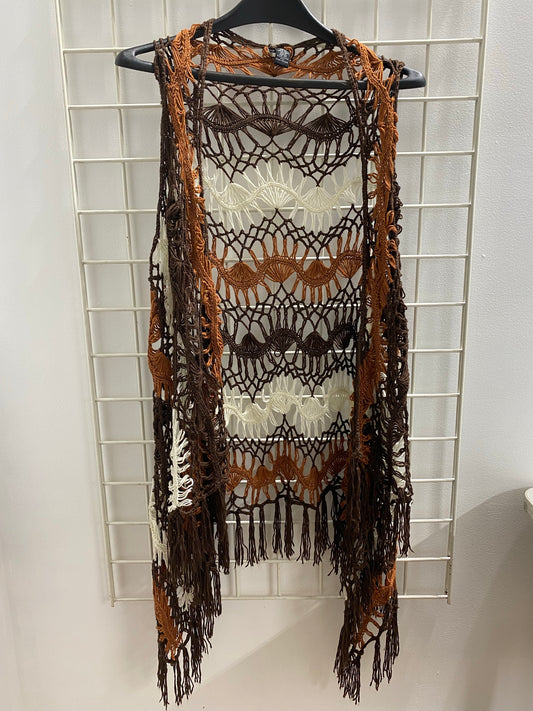 Boho Crochet fringe Orange/brown/&white Frazzle Vest