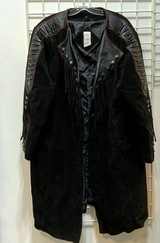 Long Vintage Black Leather Coat w/ Beaded Design